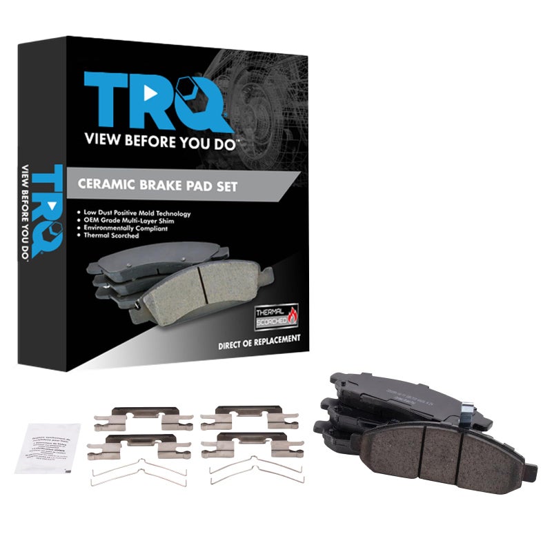 TRQ Front Brake Pads Ceramic Compatible with 2015-2018 Chevrolet City Express 2005-2022 Nissan Frontier 2011-2014 LEAF 2013-2021 NV200 2005-2012 Pathfinder 2005-2015 Xterra 2009-2012 Suzuki Equator - Image 1